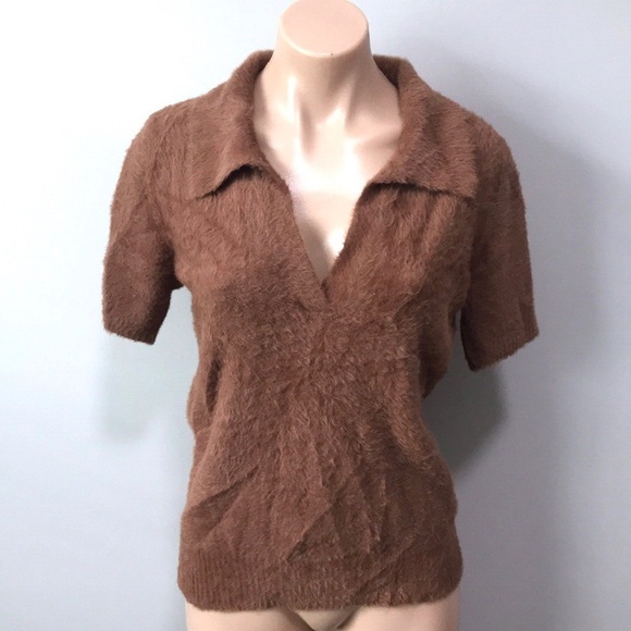 Moth Anthropologie Brown Fuzzy Short Sleeve Collar Polo Sweater Medium - Picture 1 of 5